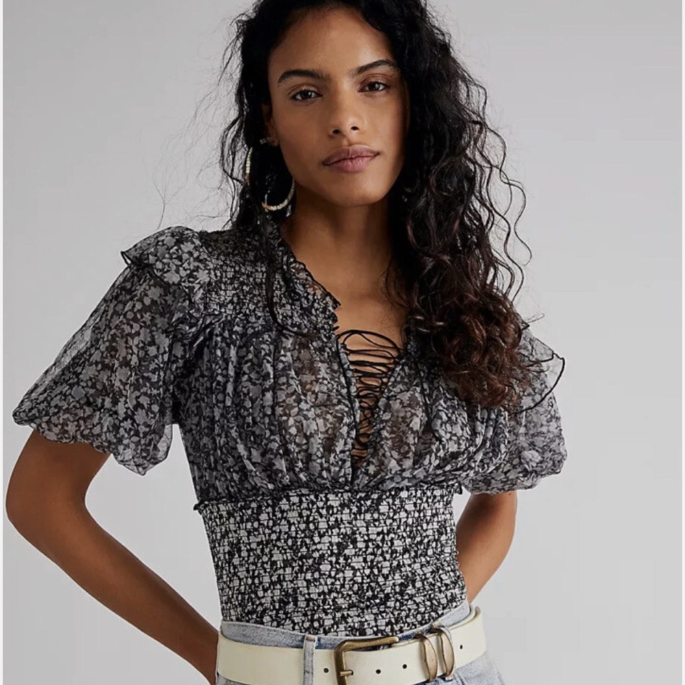 Free People Black and Gray Lace-Up Blouse